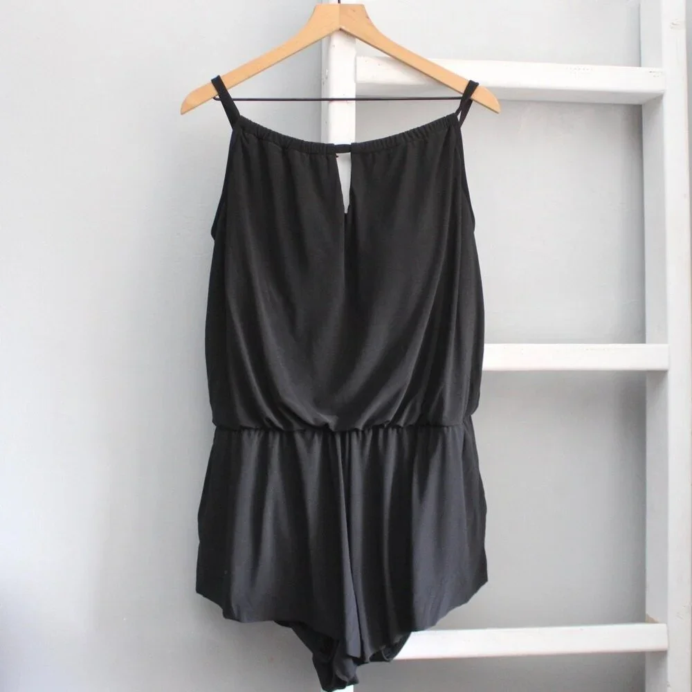 Aqua Green Women's Black Standard Keyhole Blouson Romper One-Piece Swimsuit XL - Picture 2 of 10